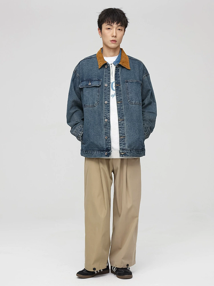 厂家直销男士宽松高档牛仔外套，透气耐磨休闲夹克，春秋适用，拼色设计，免烫处理