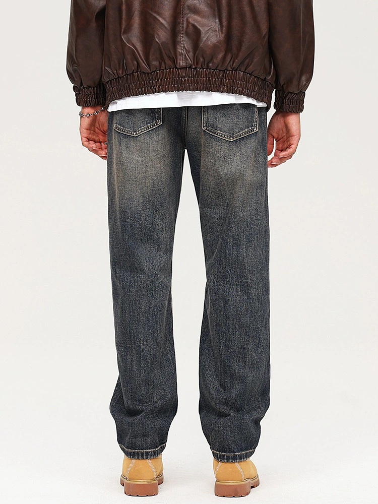 厂家直销男士宽松水洗做旧牛仔裤，复古风格直筒版型，秋季日常休闲穿搭必备