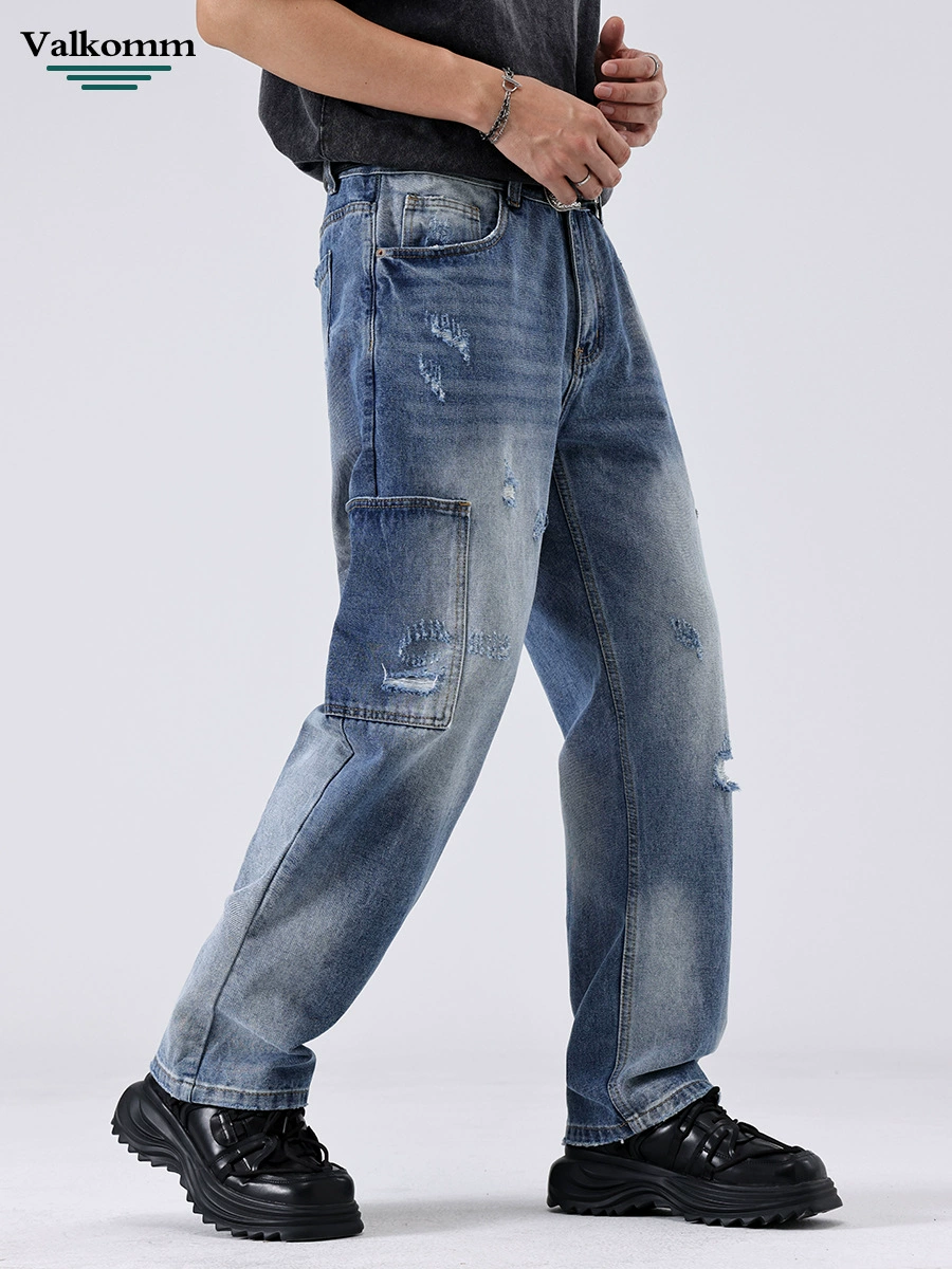 Мужские джинсы прямого кроя с потертостями и множеством карманов, ледяно-голубой деним, летние, повседневные, бренд Лайк.