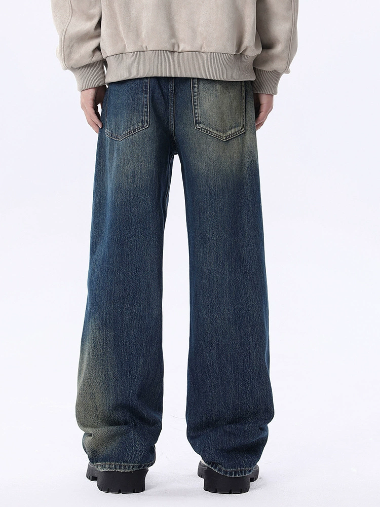 厂家直销男士高品质水洗复古牛仔裤宽松直筒长裤，春秋休闲，纽扣装饰设计
