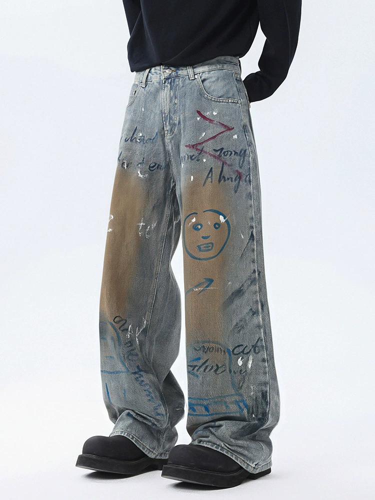 厂家直销男士宽松休闲涂鸦牛仔裤直筒款，春秋季，微弹水洗做旧设计