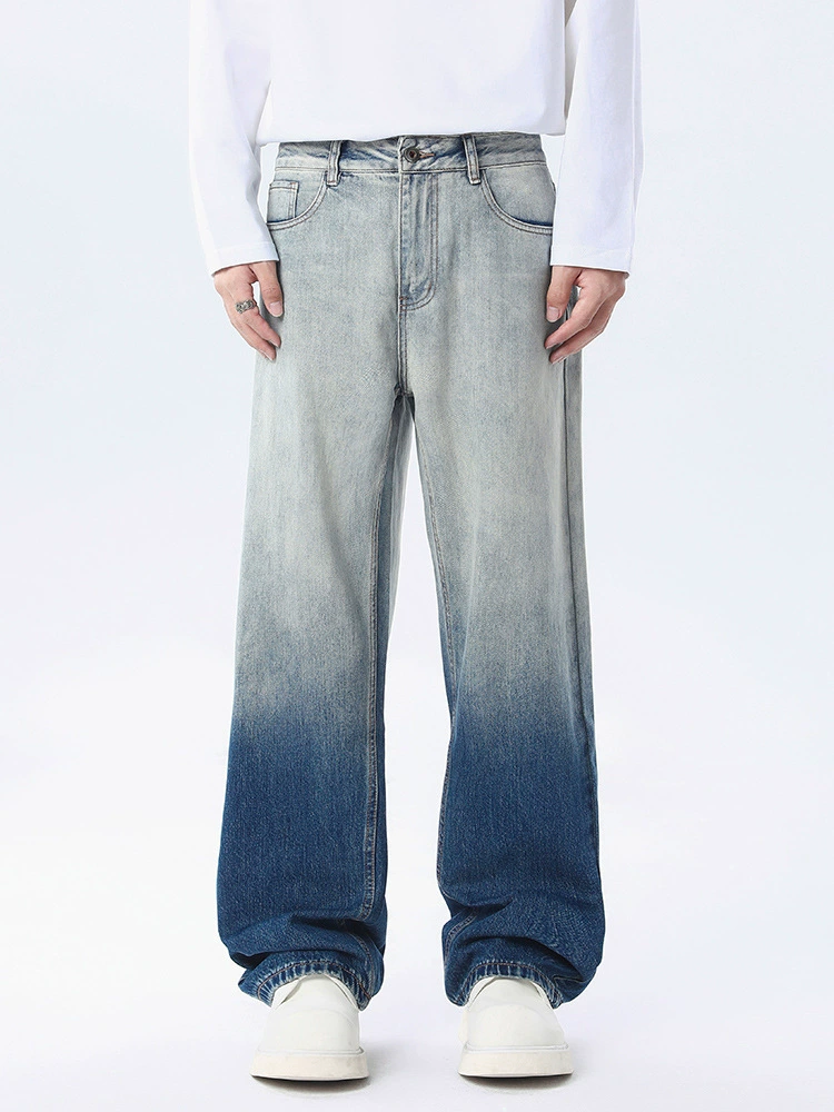 厂家直销男士宽松水洗牛仔裤，潮流渐变设计，直筒版型，秋季休闲，日常百搭