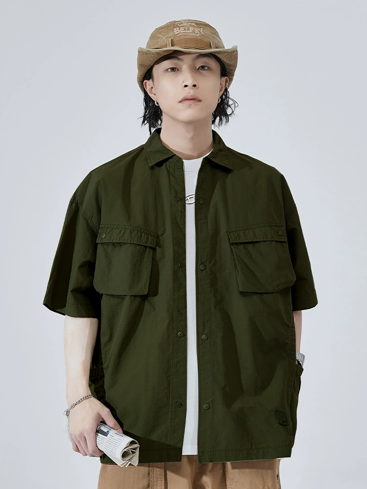 厂家直销青年宽松型短袖开衫衬衣，夏季旅游必备，精梳棉防皱耐磨，日式复古风格