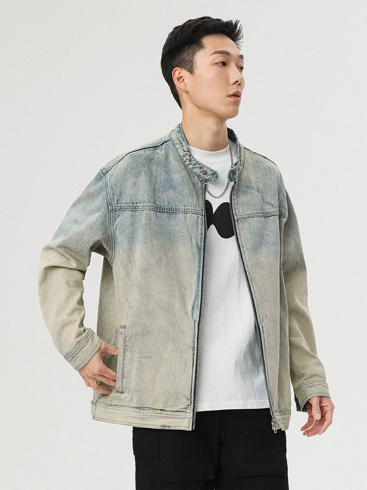 厂家直销男士美式复古宽松牛仔外套，春秋休闲款，耐磨防风设计，拉链开合多口袋