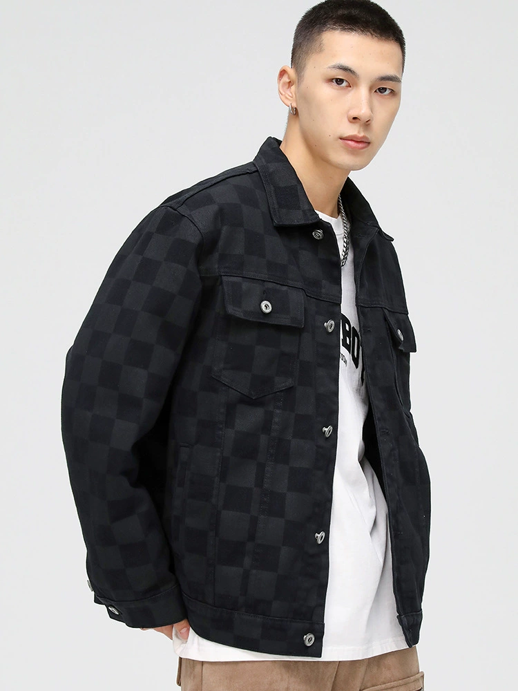 厂家直销男士宽松格子牛仔外套，休闲风格，免烫处理，耐磨防风