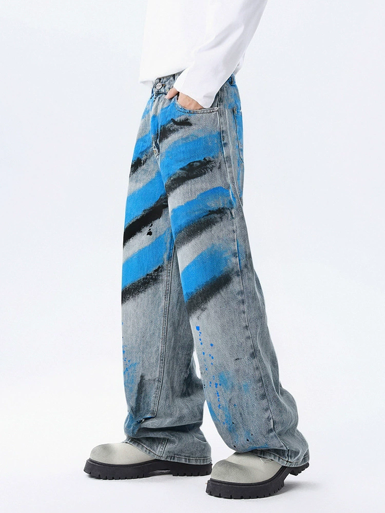 厂家直销男士宽松手绘喷墨牛仔裤，水洗渐变直筒长裤，休闲高街风格，适合春秋季
