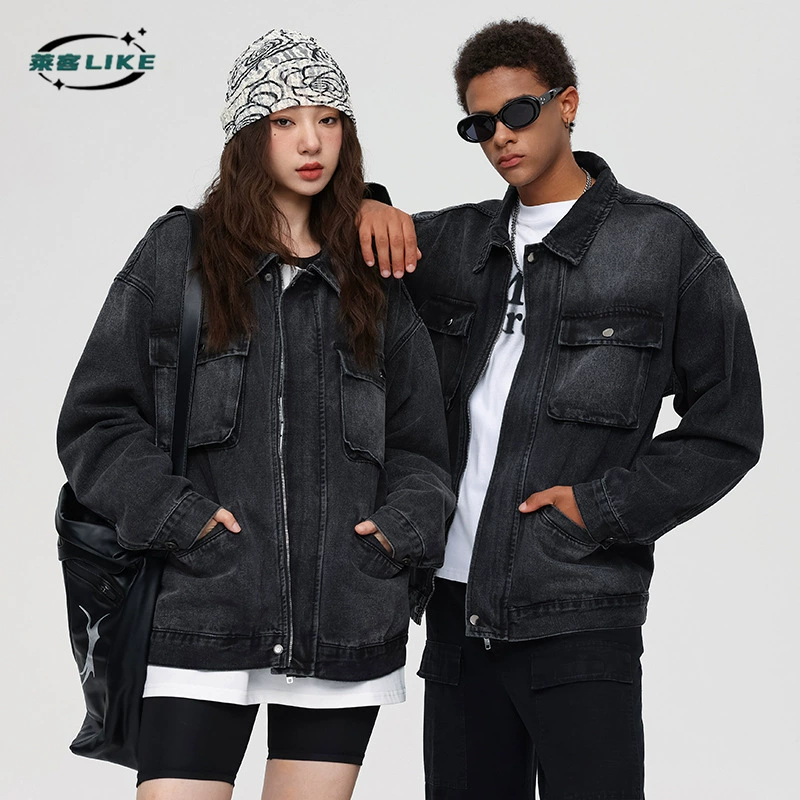 厂家直销男士宽松牛仔外套，多口袋设计，牛仔夹克，春秋季，免烫处理