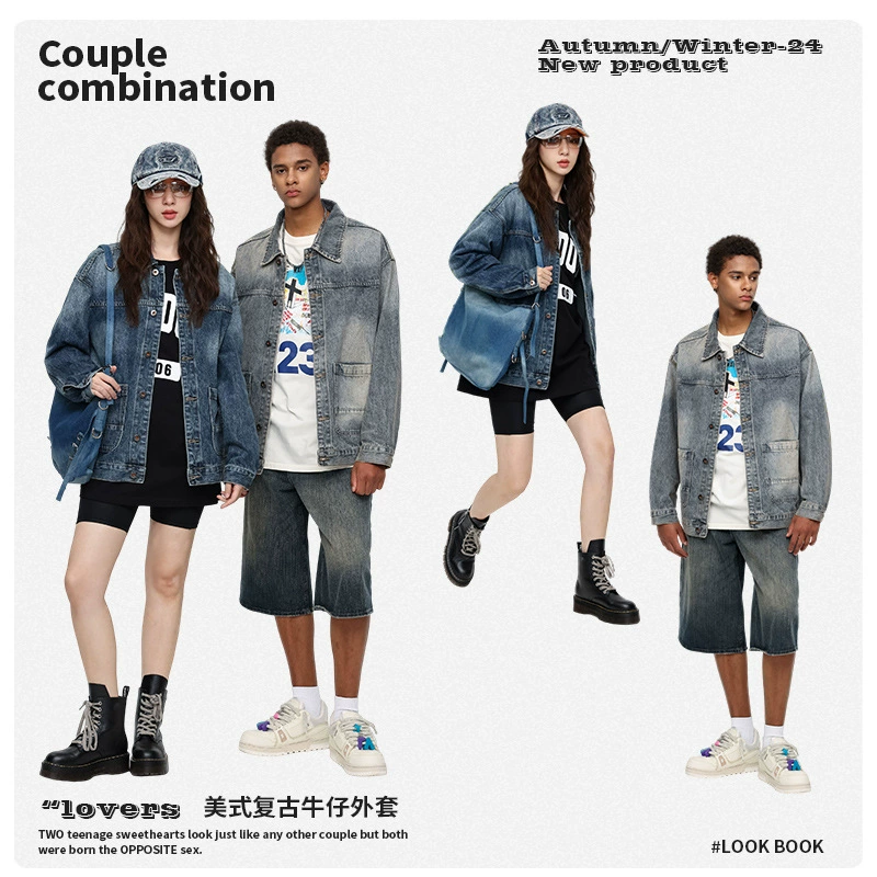 厂家直销青年宽松水洗做旧牛仔外套，春秋休闲风格，多口袋设计