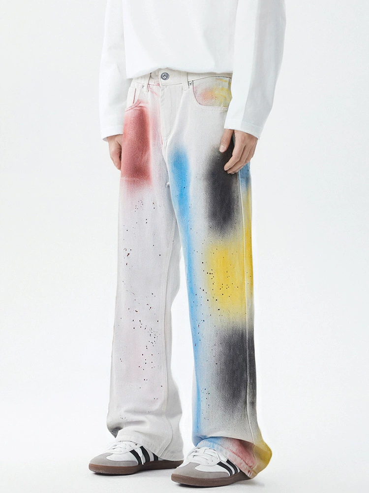 厂家直销男士宽松涂鸦牛仔裤，秋季休闲设计，直筒款式，多口袋时尚长裤