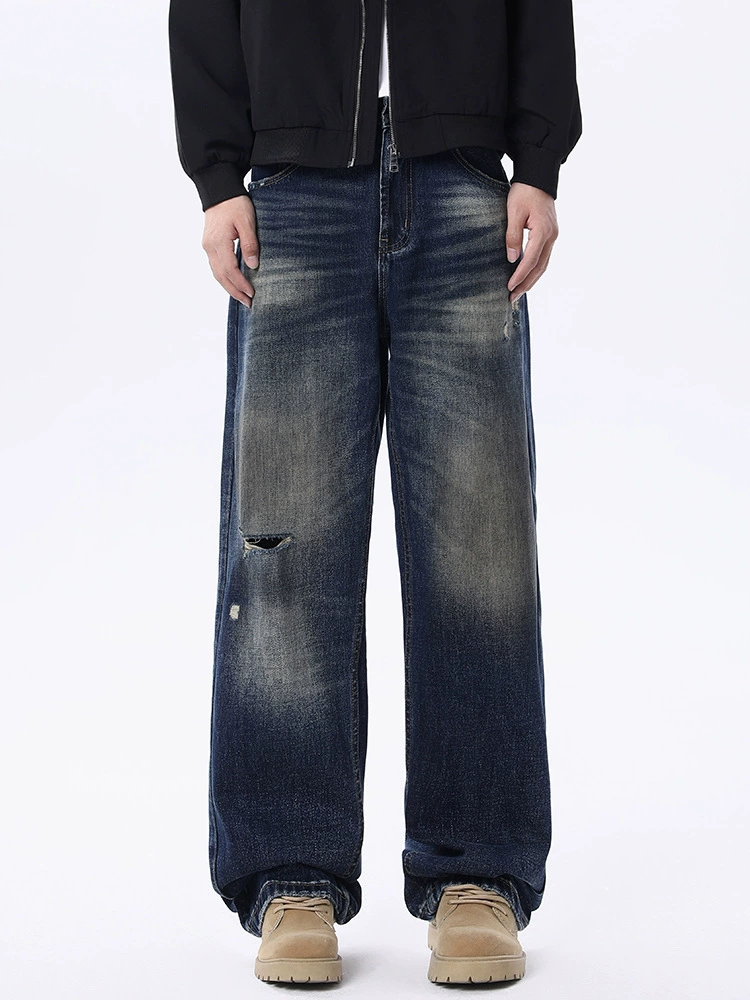 厂家直销男士宽松破洞牛仔裤，复古渐变大直筒设计，秋季休闲风格，多口袋水洗工艺