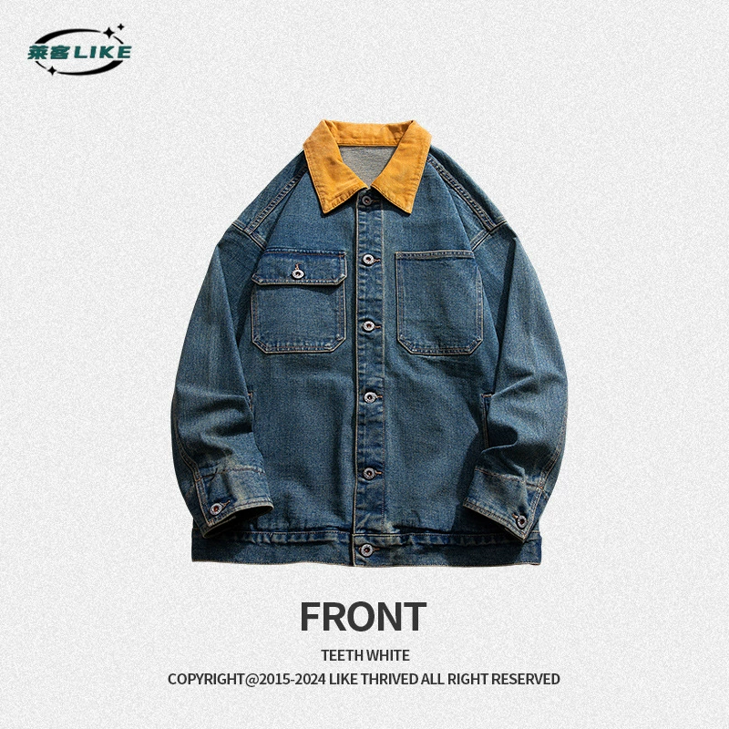 厂家直销男士宽松复古蓝牛仔外套，时尚简约设计，春秋休闲，免烫处理多口袋夹克