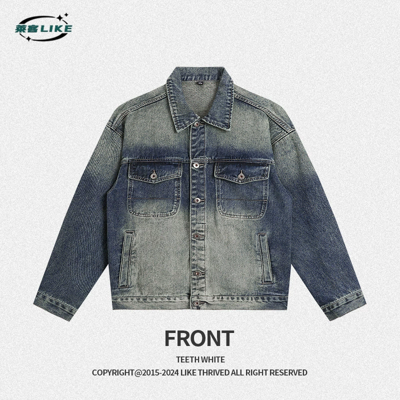 厂家直销青年男士宽松水洗仿旧牛仔外套，春秋季休闲多口袋夹克