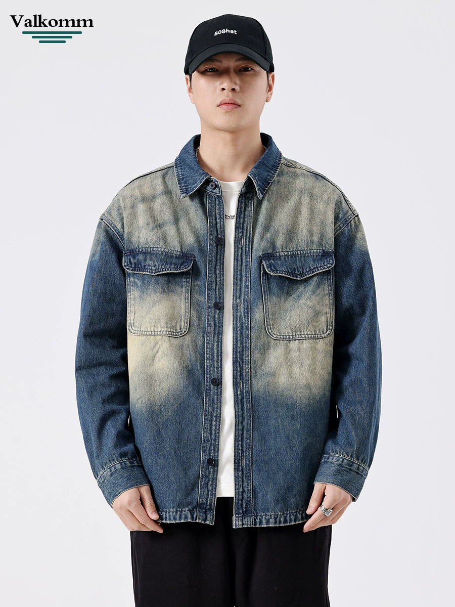 厂家直销男士宽松牛仔外套，水洗耐磨、高街休闲春秋夹克，个性口袋设计
