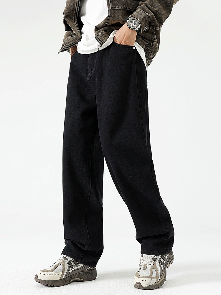 厂家直销男士宽松黑色牛仔裤，水洗直筒版型，春秋日常穿搭必备，青春潮流风格