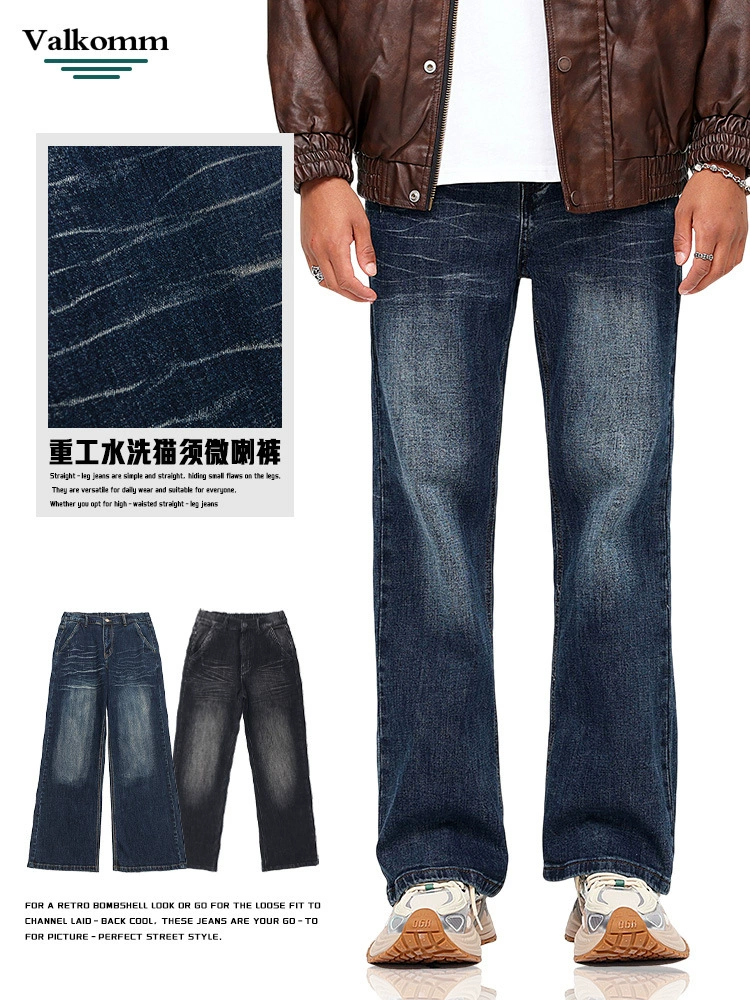 Мужские джинсы прямого кроя VaIkomm, потертые синий цвет, из хлопка и тенсела, для повседневного использования в весенне-осенний сезон.