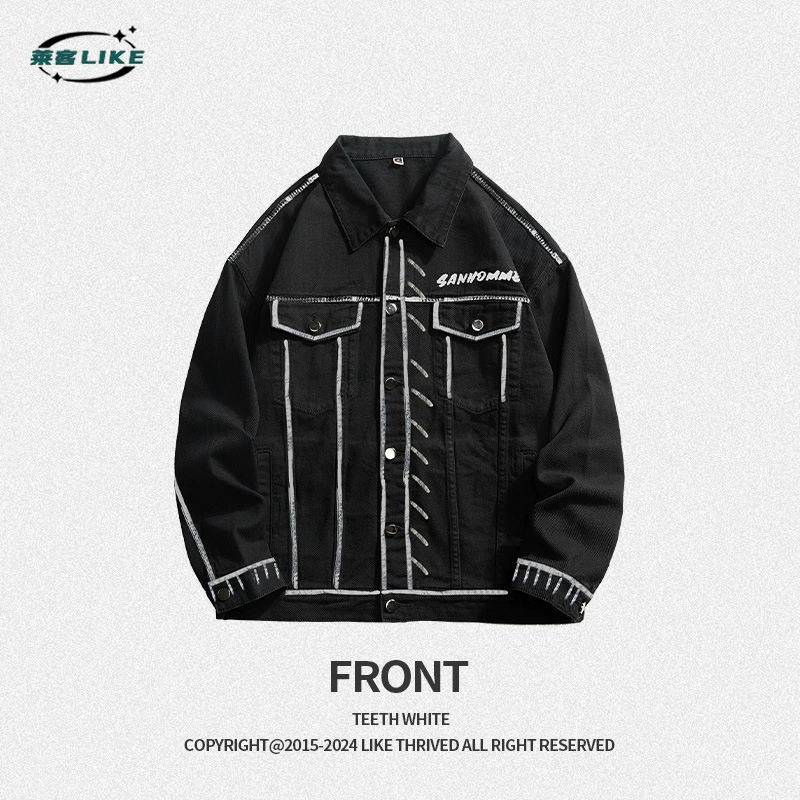厂家直销男士宽松复古牛仔外套，机车风格，简约设计，春秋季可穿，免烫处理，多口袋装饰