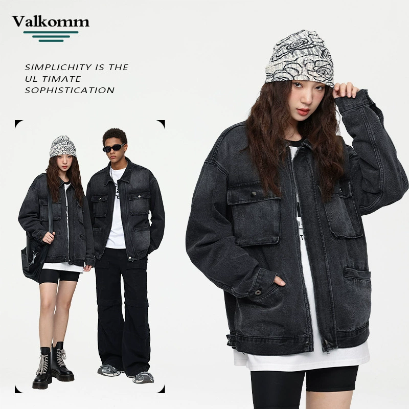 厂家直销男士宽松复古蓝牛仔外套，时尚简约设计，春秋休闲，免烫处理多口袋夹克