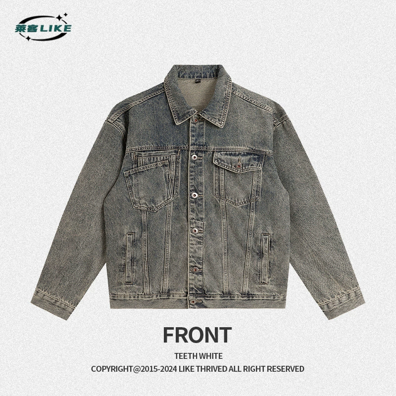 厂家直销男士宽松水洗牛仔外套，复古风格，休闲高街款，适合春秋季，多口袋设计