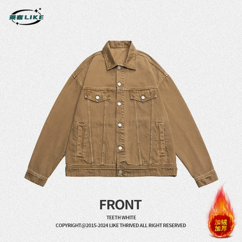 厂家直销男士宽松加绒牛仔外套，四季休闲风，美式复古染色夹克