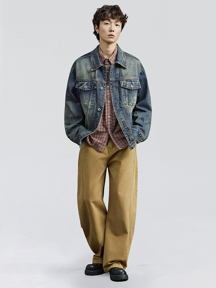 厂家直销男士宽松牛仔外套，复古水洗翻领夹克，适合春秋季日常穿搭，多口袋设计