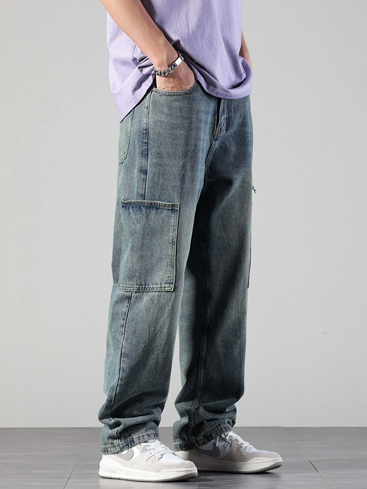 厂家直销男士宽松直筒休闲牛仔裤，夏季高街风格，多口袋水洗设计
