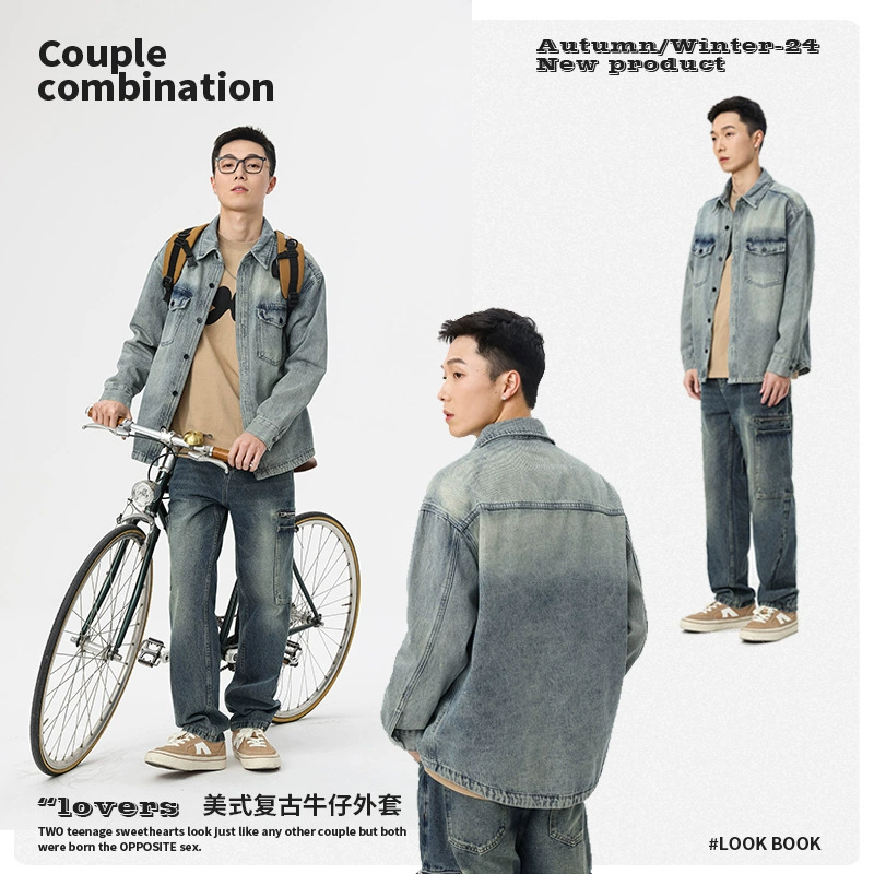 厂家直销男士宽松薄款牛仔外套，复古拼色设计，休闲风格，适合春秋季，耐磨口袋装饰