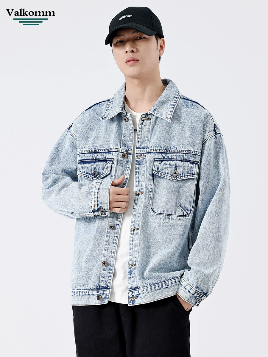 厂家直销男士宽松牛仔外套，美式复古水洗设计，休闲风格，多口袋耐磨夹克，春秋季节优选