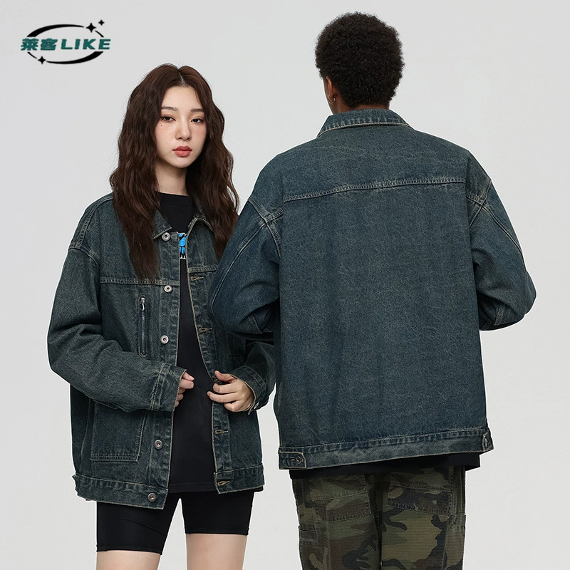 厂家直销青年男士复古蓝宽松牛仔外套，春秋时尚潮流，多口袋设计