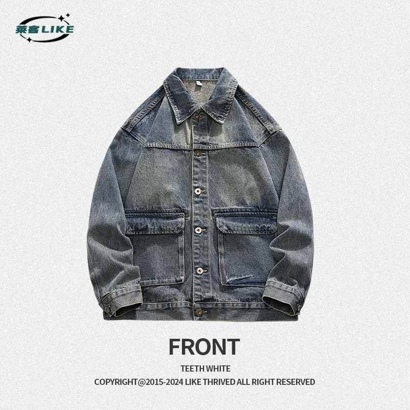 厂家直销青年男士宽松水洗牛仔外套，春秋休闲风格，多口袋设计