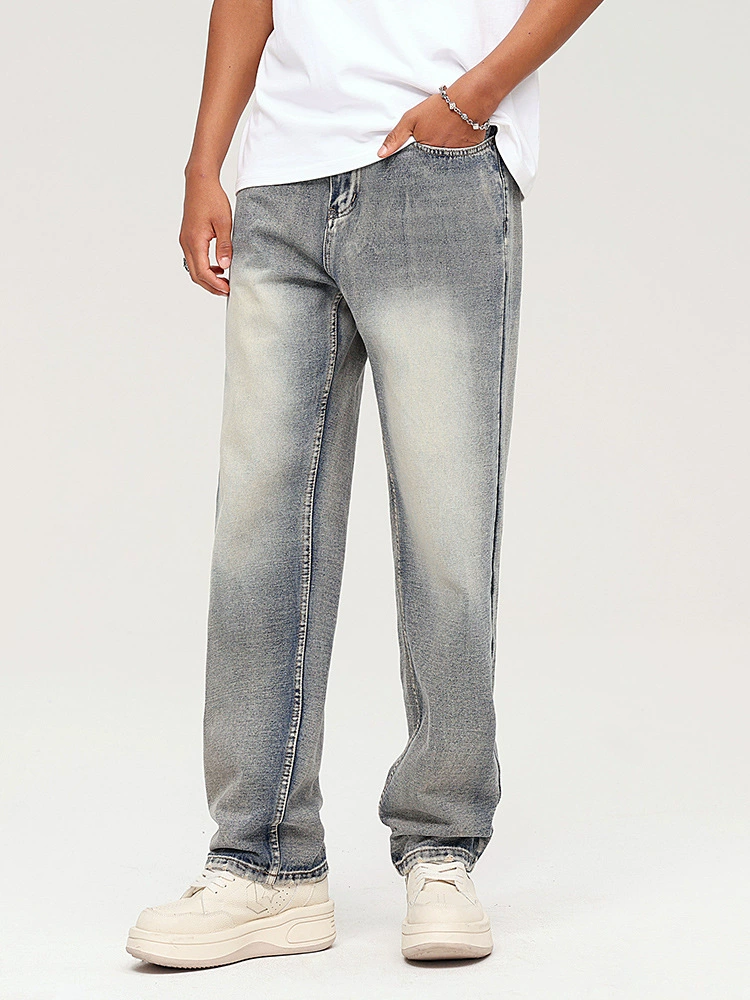 厂家直销男士修身水洗做旧牛仔裤，宽松直筒设计，秋季休闲日常必备