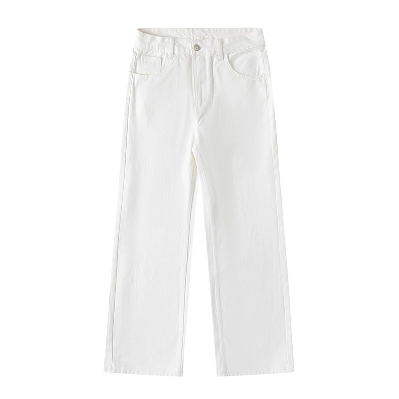 厂家直销男士修身纯白色牛仔裤，宽松直筒休闲风格，春秋季日常穿着，有水洗工艺，无弹力设计
