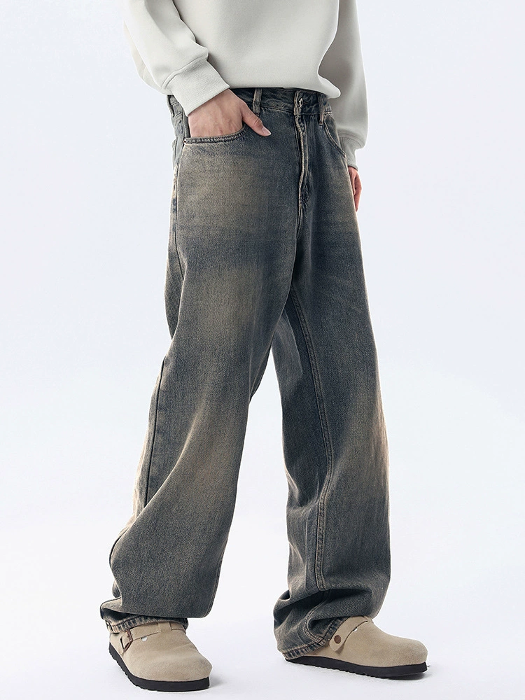 厂家直销男士复古水洗牛仔裤，宽松直筒设计，高街潮流风格，春秋季日常穿搭，做旧工艺时尚款式