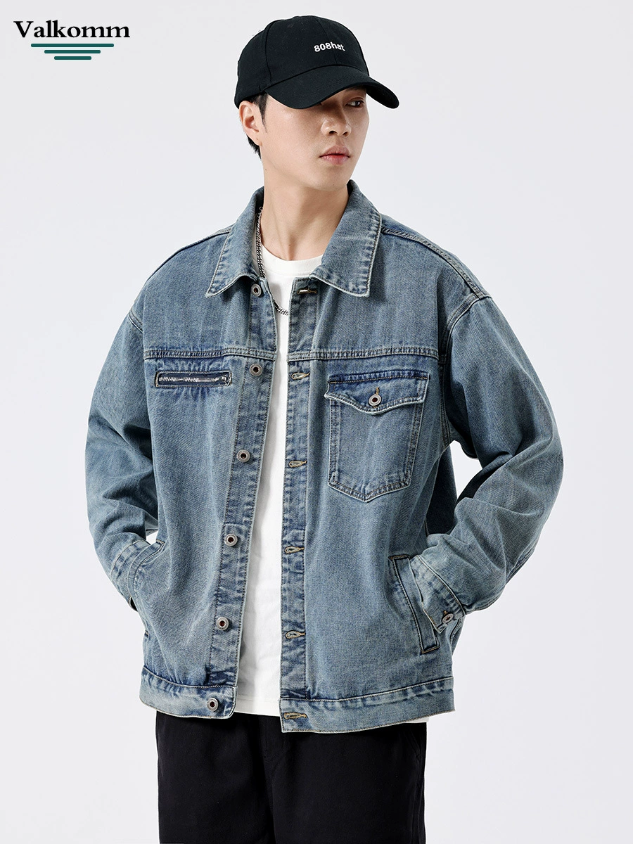 厂家直销男士宽松水洗牛仔外套，复古风格，春秋休闲，多口袋设计