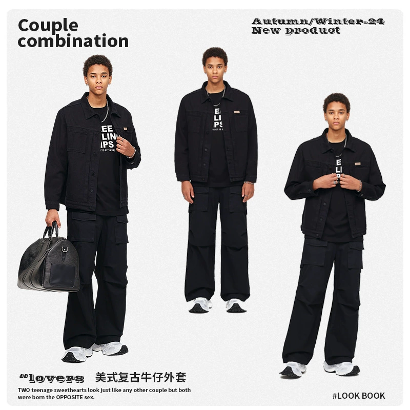 厂家直销男士复古黑色牛仔外套，宽松简约设计，适合春秋季日常穿着，耐磨面料，免烫处理