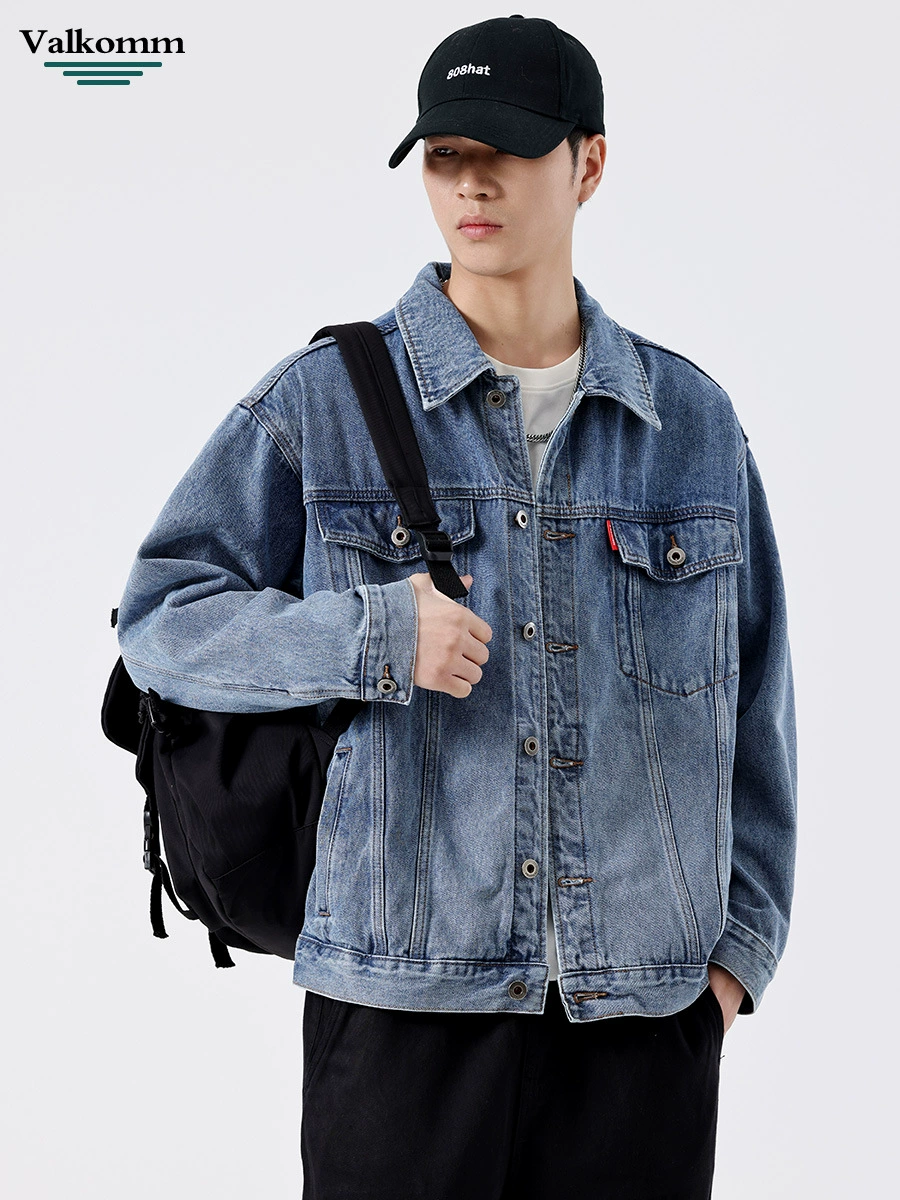 厂家直销男士宽松型牛仔外套，耐磨复古设计，休闲风格，多口袋，春秋季节，免烫处理