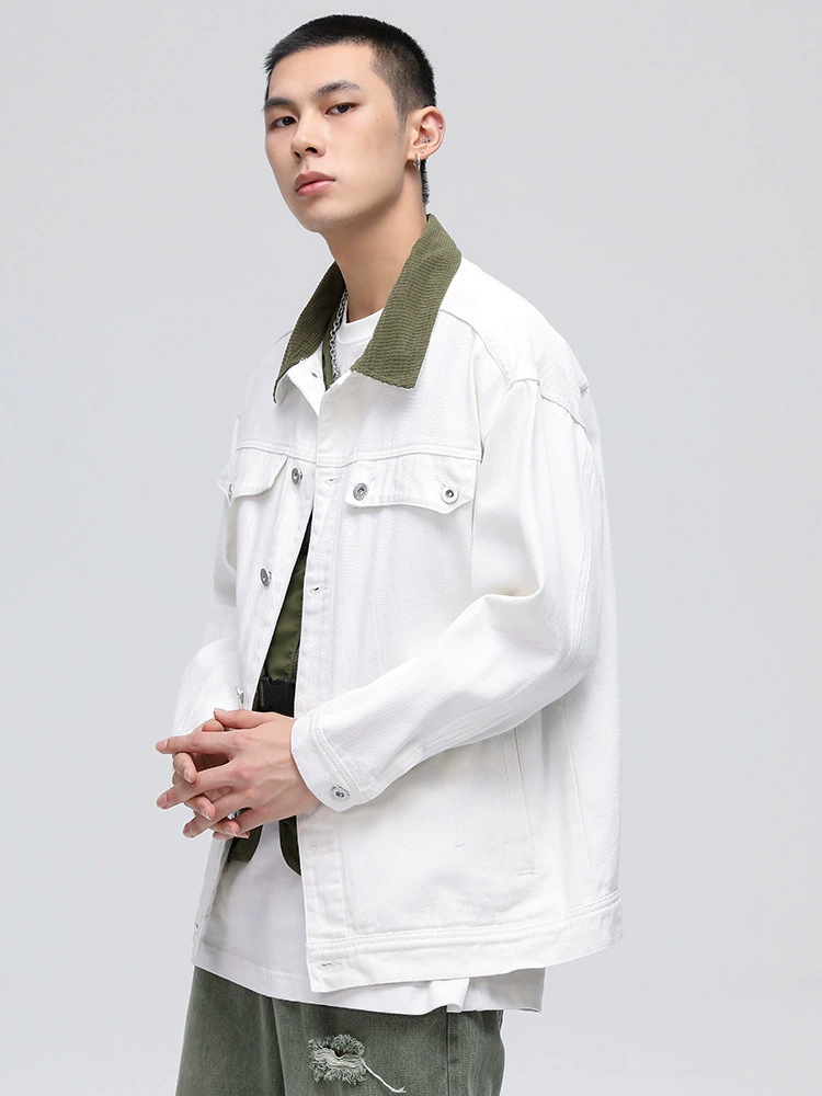 厂家直销男士宽松撞色牛仔外套，春秋休闲风格，透气耐磨设计