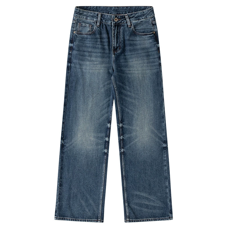 厂家直销男士宽松水洗做旧牛仔裤，深蓝色直筒版型，适合春秋休闲场景，青春流行风格