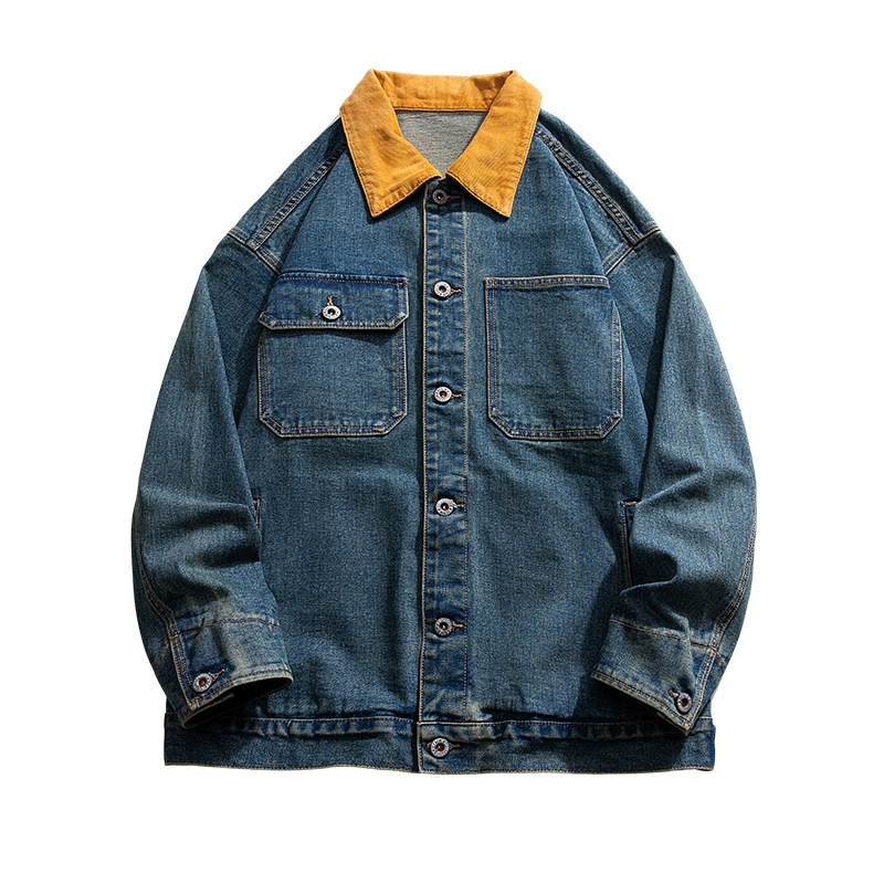厂家直销男士宽松复古蓝牛仔外套，时尚简约设计，春秋休闲，免烫处理多口袋夹克