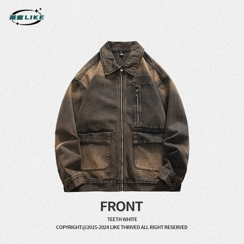 厂家直销男士宽松修身牛仔外套，春秋季美式复古风工装夹克，日常穿搭，免烫处理多口袋设计