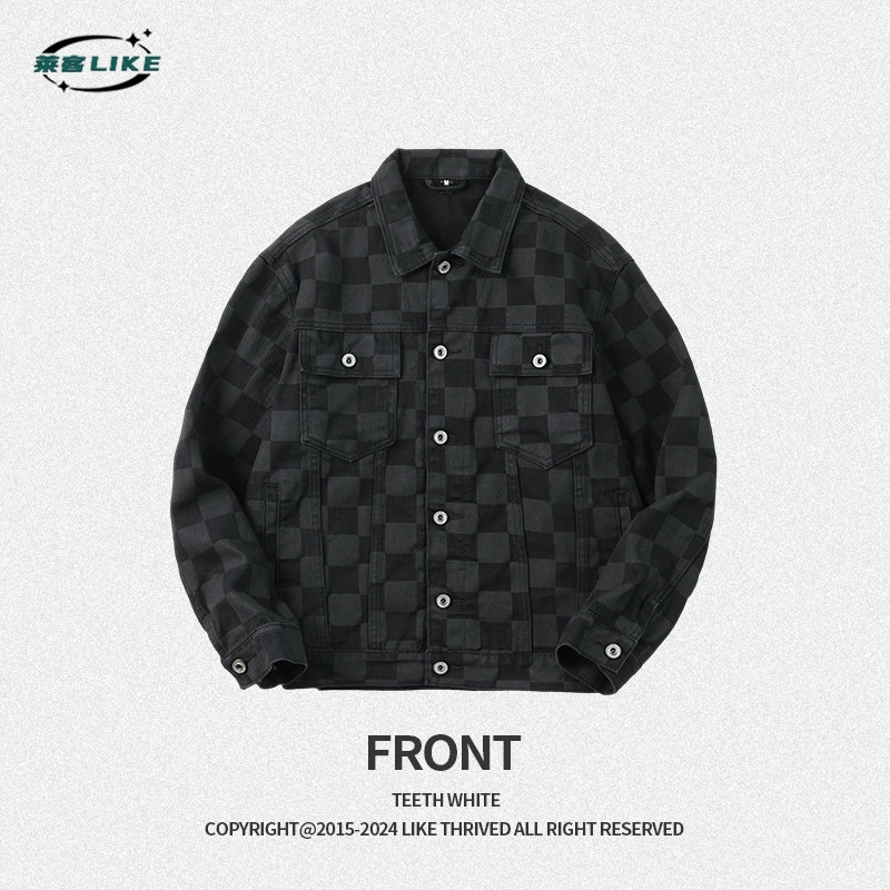 厂家直销青年男士宽松黑色格子牛仔外套，秋季日常穿搭，免烫处理多口袋设计