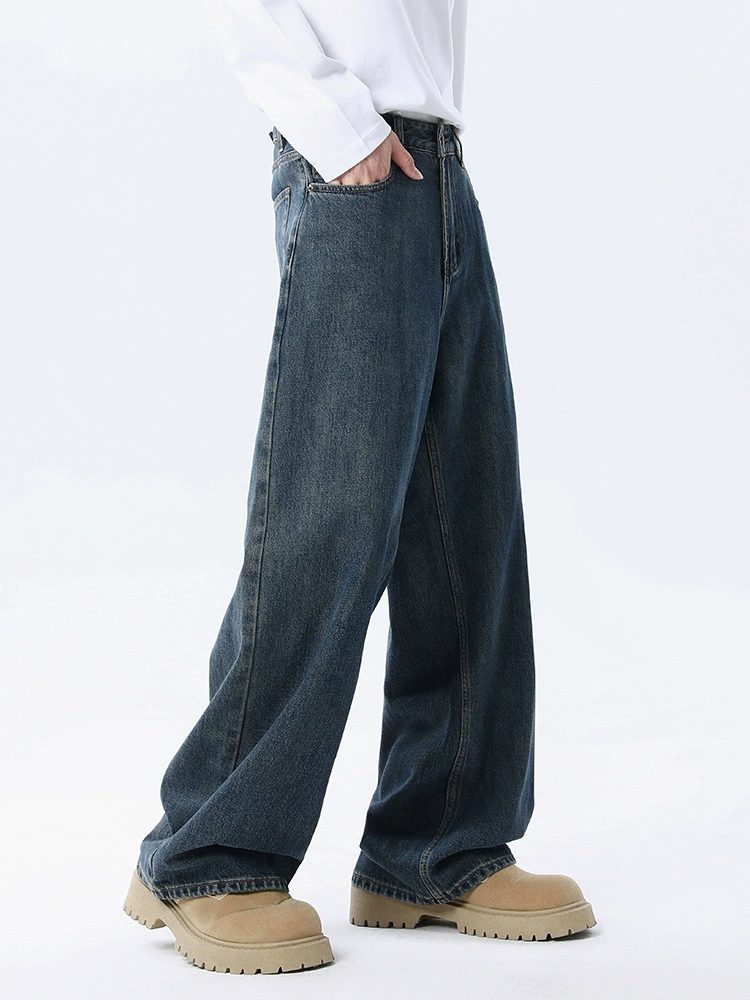 厂家直销男士宽松直筒牛仔裤，复古蓝灰水洗做旧，春秋日常，百搭时尚长裤