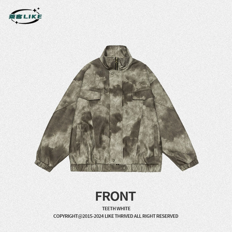 厂家直销青年宽松扎染PU皮夹克，时尚复古外套，休闲风格，适合春秋季，多口袋设计