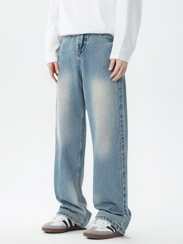 厂家直销男士宽松水洗做旧牛仔裤，简约直筒设计，春秋适用，休闲风格，适合青少年