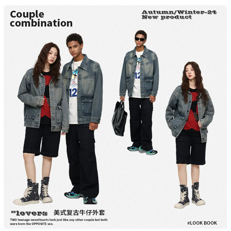 厂家直销青年男士宽松水洗牛仔外套，春秋休闲风格，多口袋设计