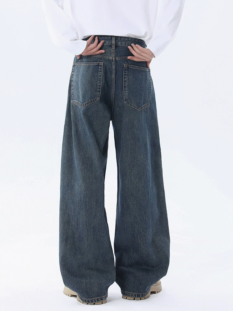 厂家直销男士宽松直筒牛仔裤，复古蓝灰水洗做旧，春秋日常，百搭时尚长裤