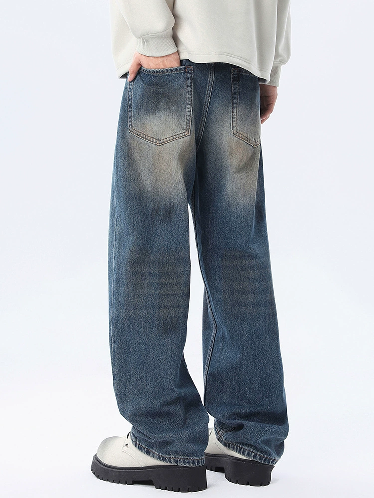 厂家直销男士水洗做旧宽松牛仔裤，街头风格，适合春秋季休闲穿着