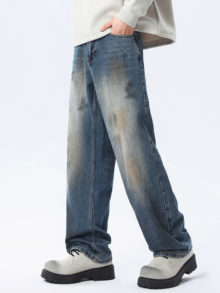 Джинсы baggy с ручной стиркой и граффити, светло-синие, из хлопка, для повседневного ношения в осенний период, модель от бренда Laike.