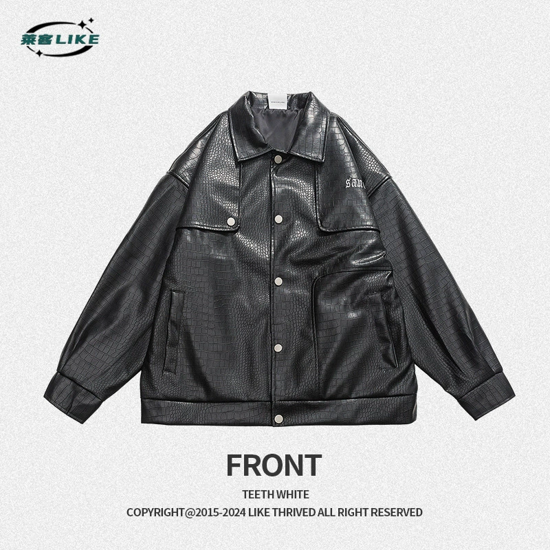 厂家直销男女通用宽松PU皮翻领夹克，时尚黑色休闲外套，春秋季日常穿搭，免烫处理，多口袋设计