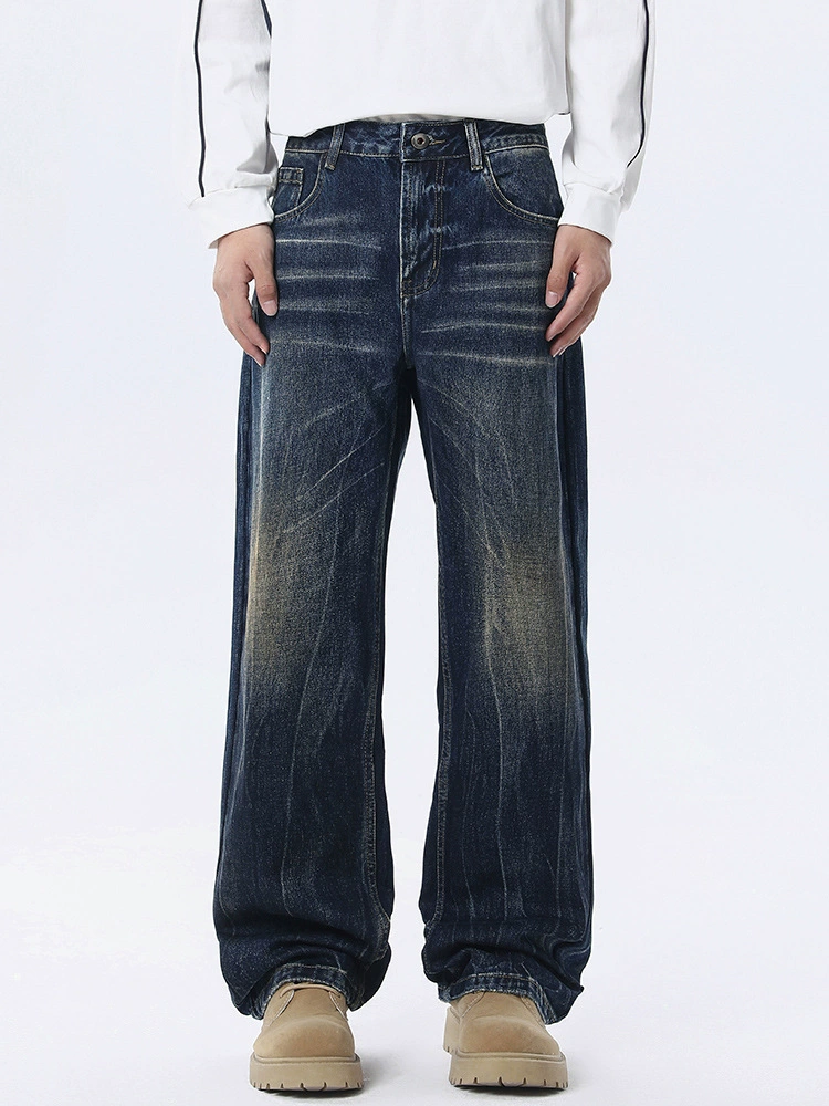 厂家直销男士水洗宽松阔腿牛仔裤，复古直筒休闲风格，适合春秋季，免烫处理，青春潮流款式