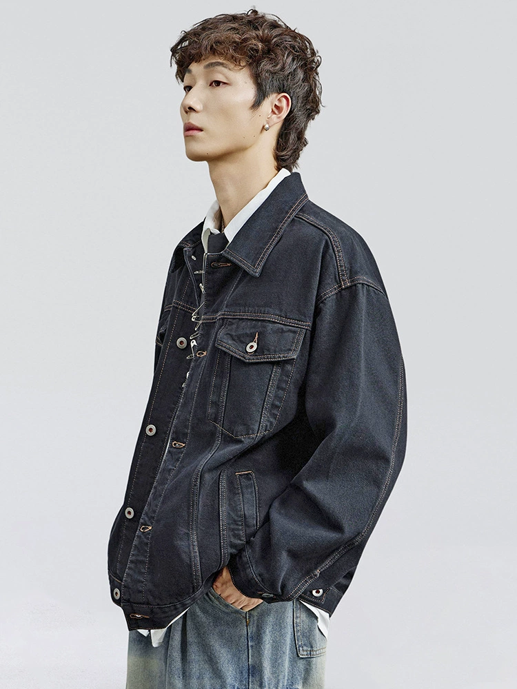 厂家直销青年透气宽松水洗黑色牛仔外套，秋季日常潮牌，免烫处理牛仔夹克